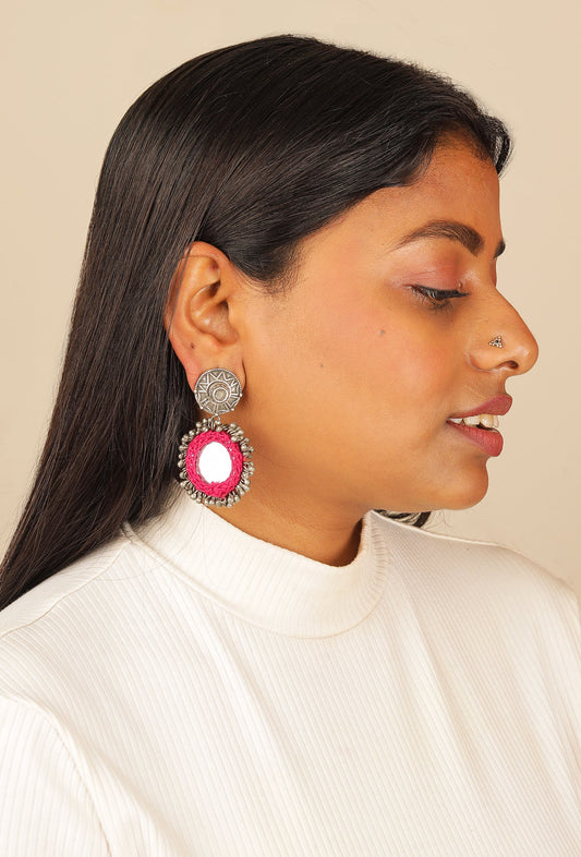 Pink Crochet Mirror work Earring