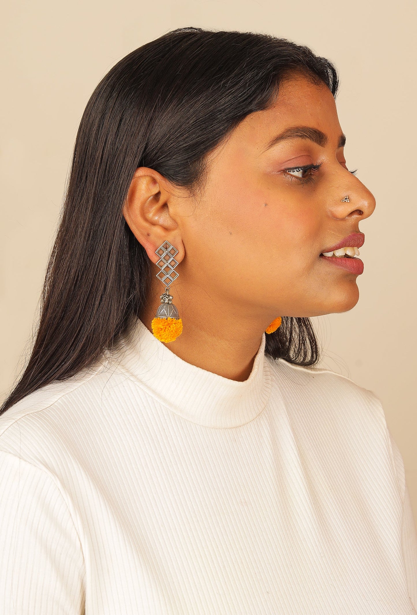 Yellow Cotton Pom Pom Brass Earring