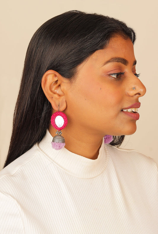 Pink & Purple Crochet Mirror & Cotton pom pom Earring