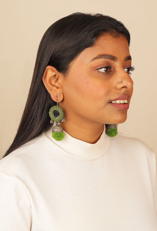 Green Crochet Mirror & Cotton Pom Pom Earring