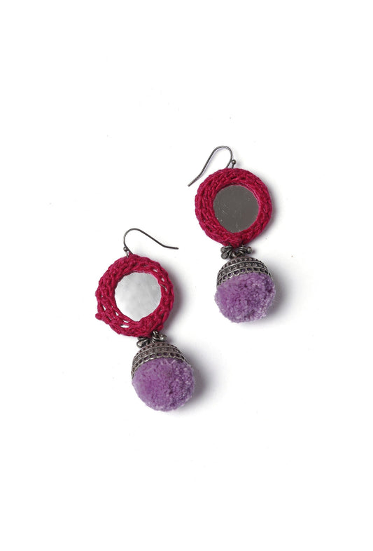 Pink & Purple Crochet Mirror & Cotton pom pom Earring