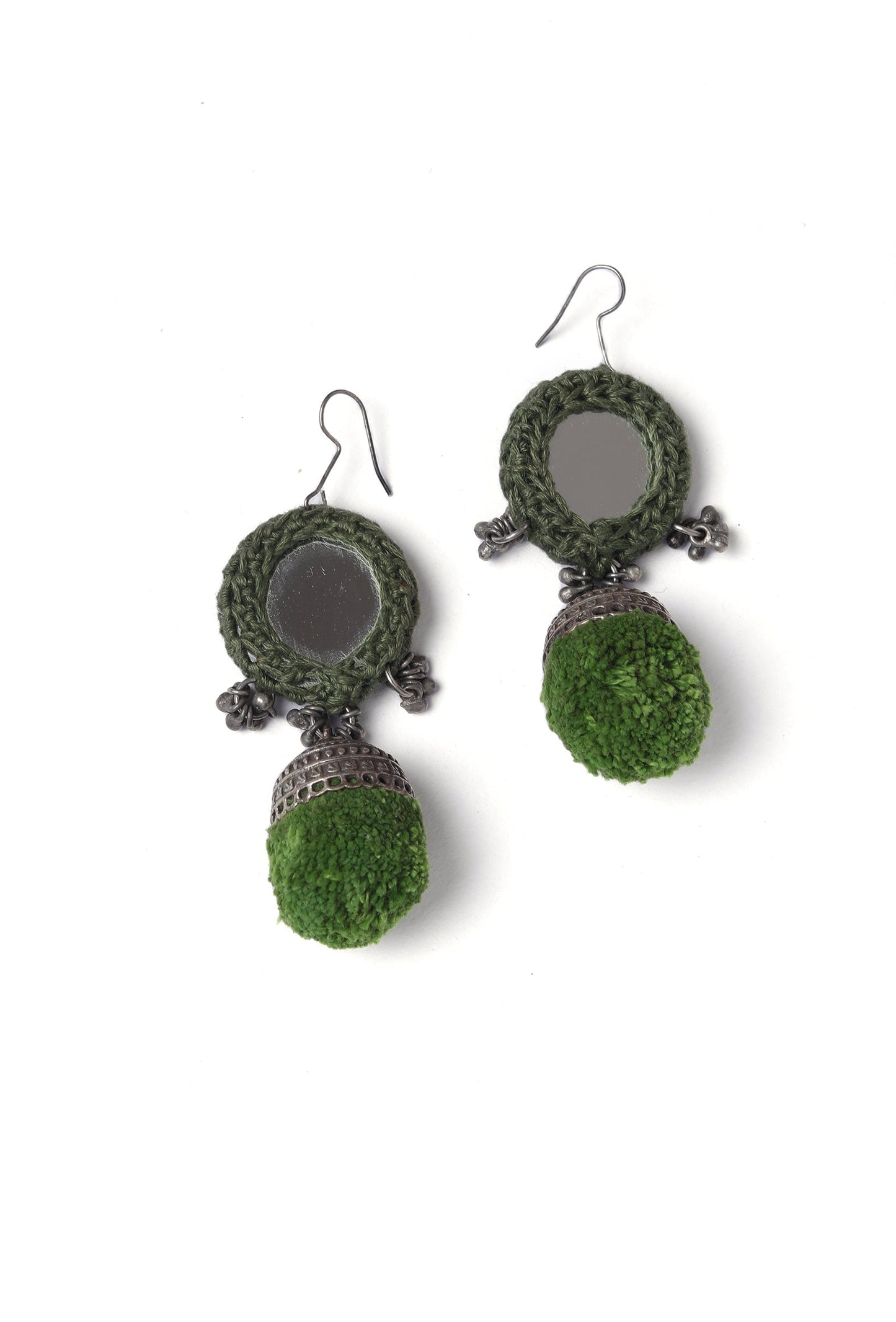 Green Crochet Mirror & Cotton Pom Pom Earring