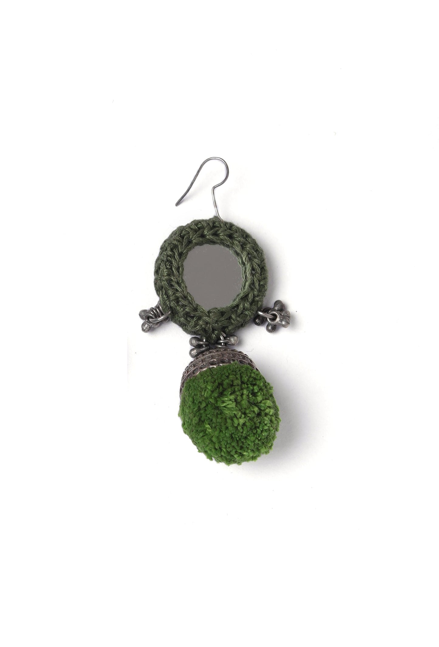 Green Crochet Mirror & Cotton Pom Pom Earring