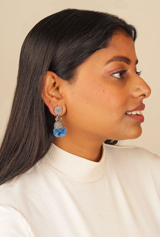 Indigo Pom Pom Brass Earrings