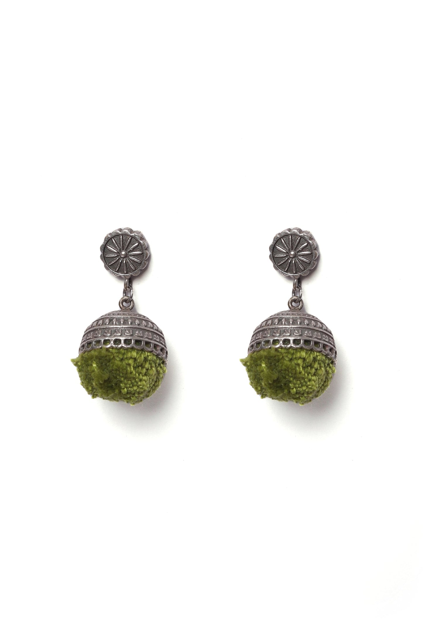 Green Cotton Pom Pom Brass Earring