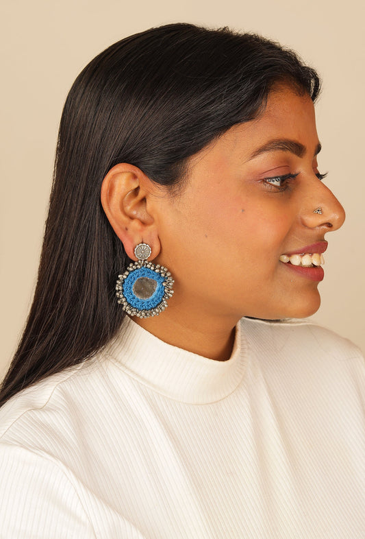 Blue Crochet Mirror work Earring