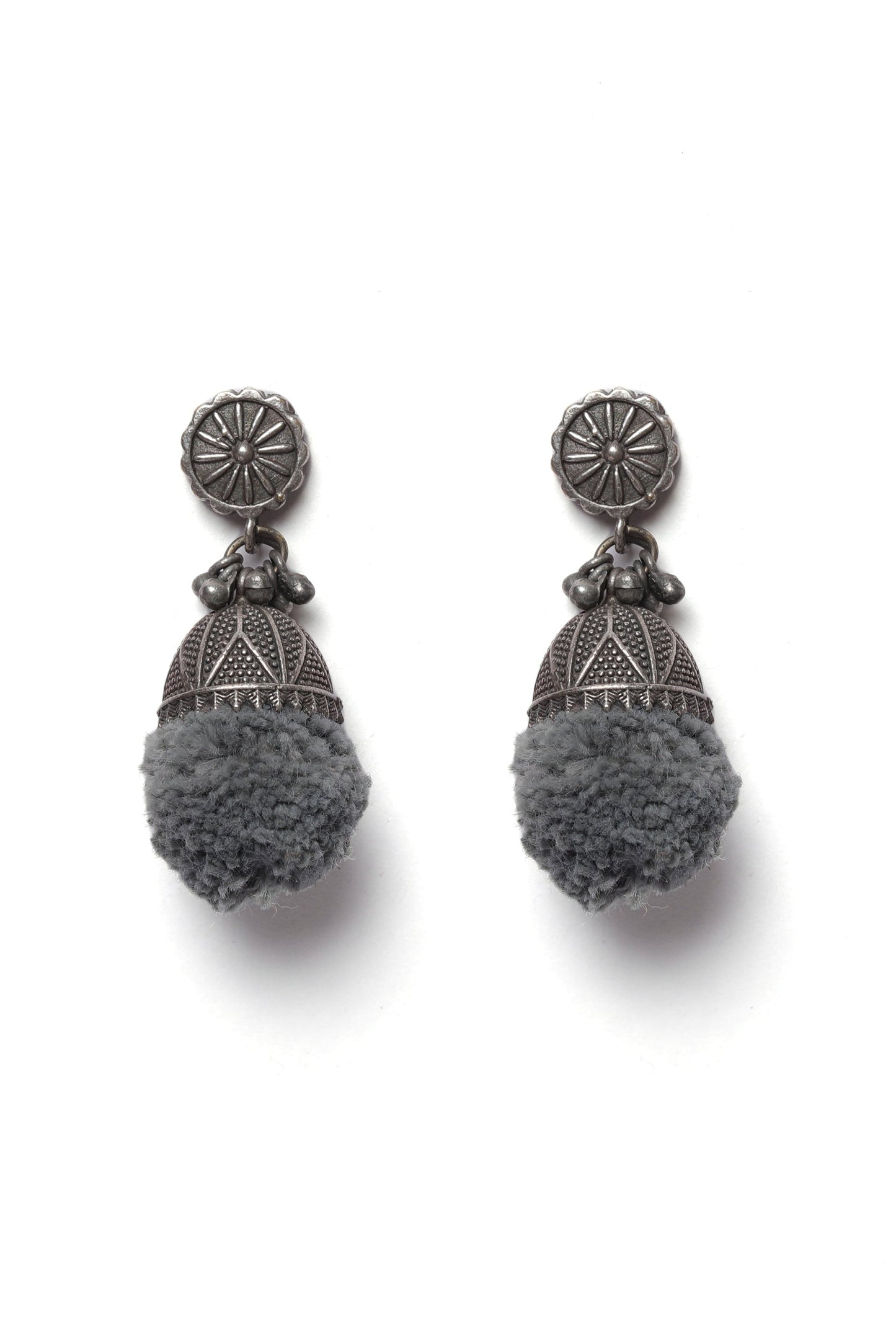 Grey Pom Pom Brass Earrings