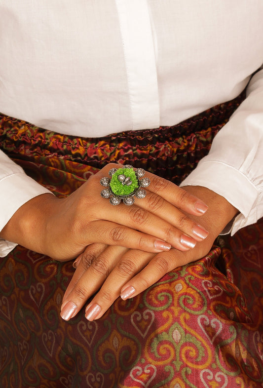 Green Silver Tone Tribal Adjustable Brass Ring