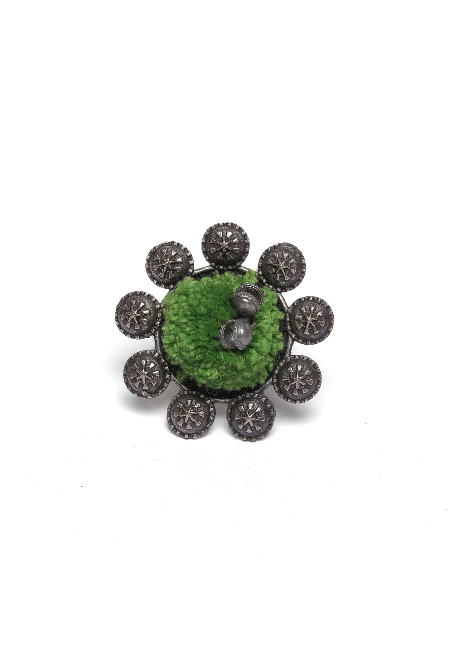 Green Silver Tone Tribal Adjustable Brass Ring