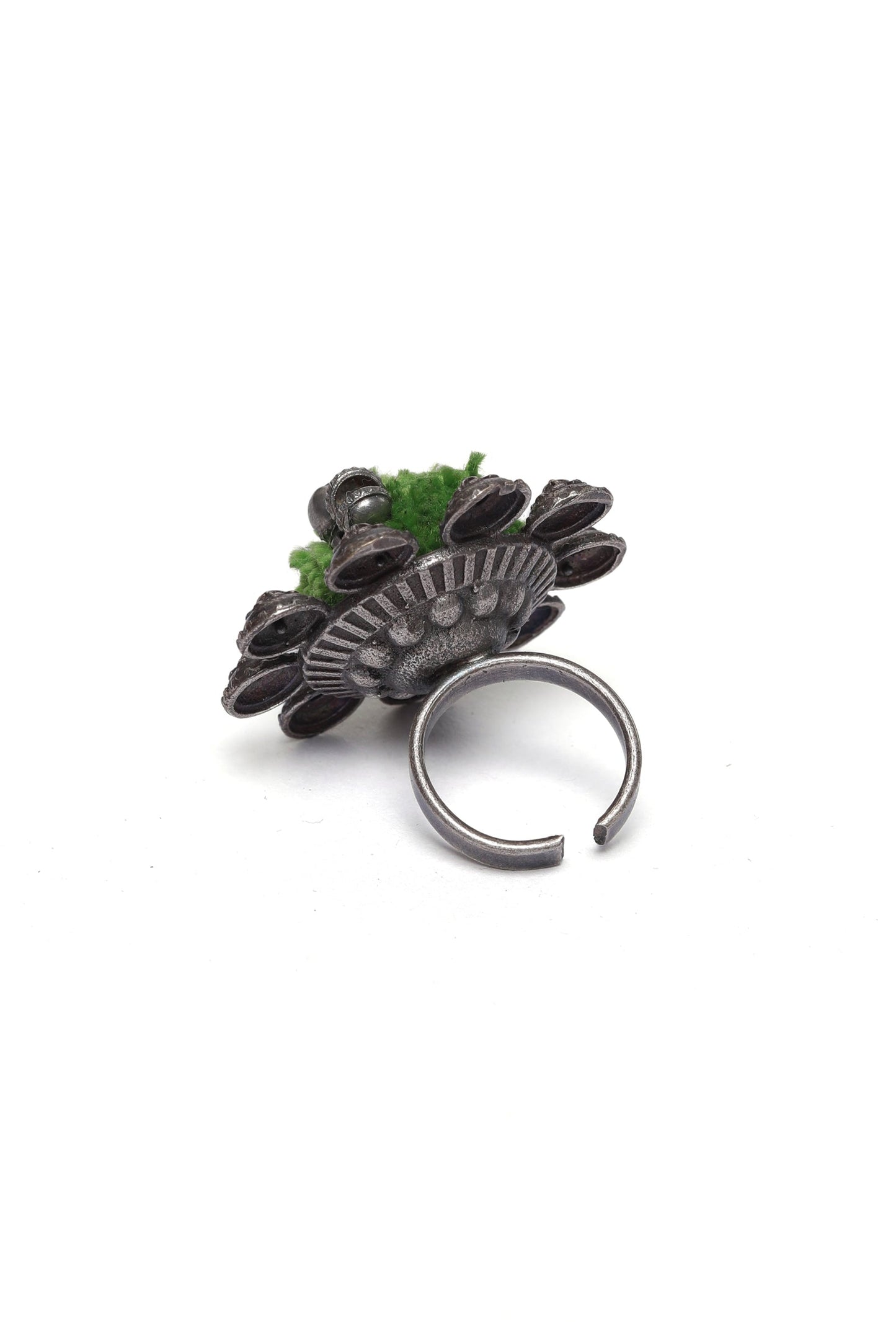 Green Silver Tone Tribal Adjustable Brass Ring