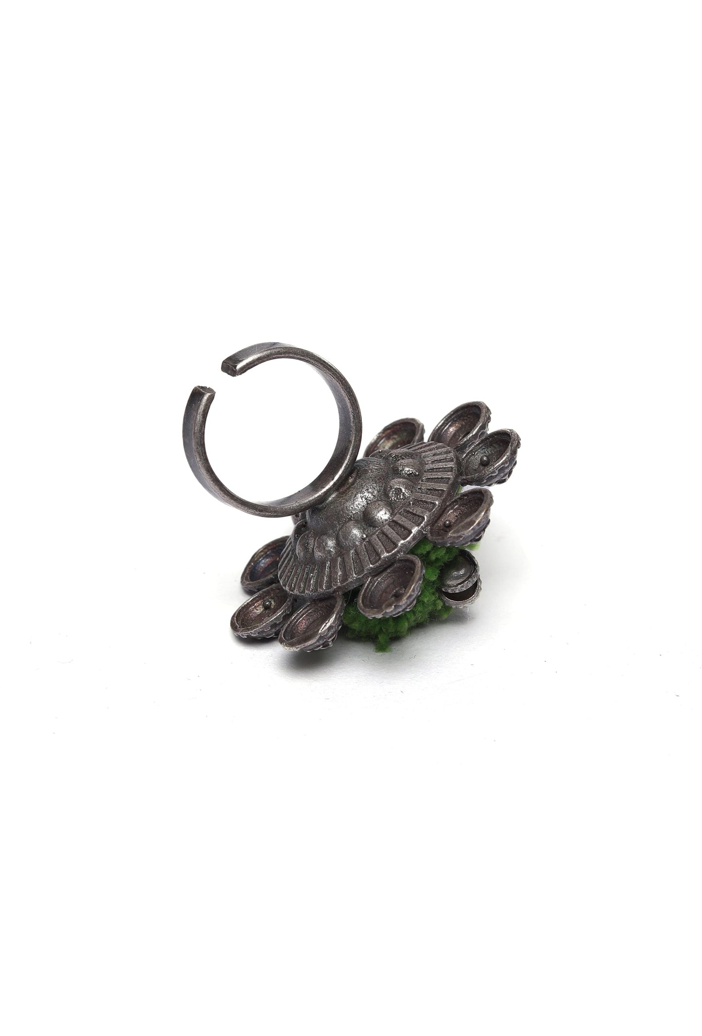 Green Silver Tone Tribal Adjustable Brass Ring