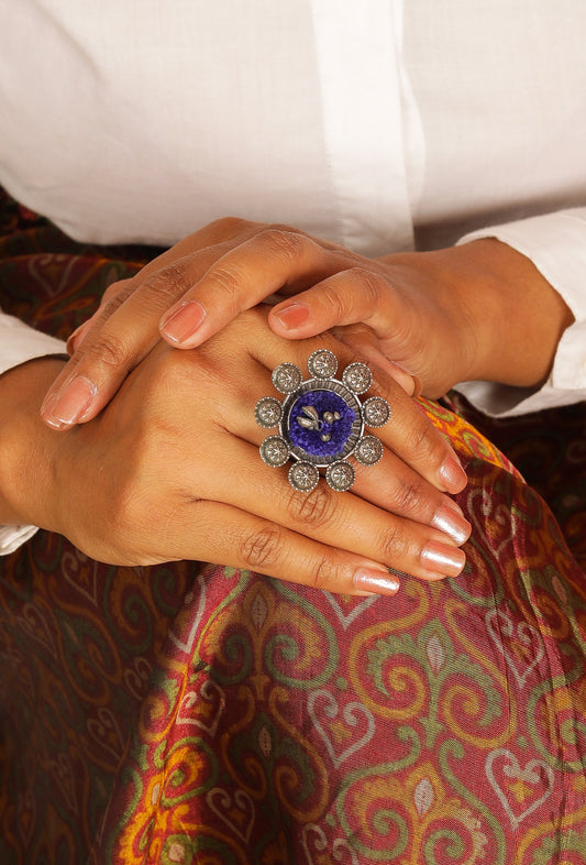 Blue Silver Tone Tribal Adjustable Ring