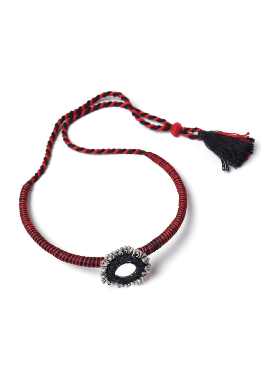 Black & Maroon Hasli with Black thread crochet mirror work