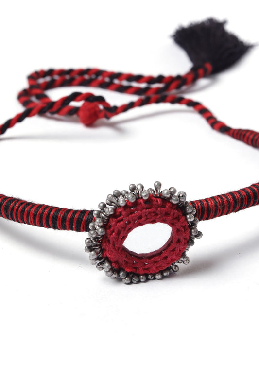 Black & Maroon Hasli with Red Thread Crochet Mirror Work